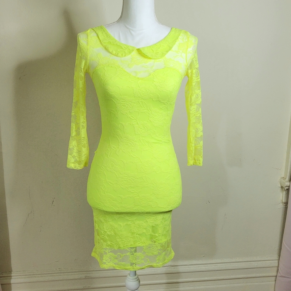 Neon Yellow Lace Bodycon Dress‎ S